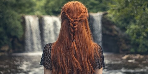 A woman with long red hair standing in front of a waterfall, wearing a black lace dress, with a serene and contemplative expression.