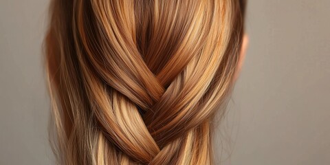 A woman with long, wavy, brown hair styled in a fishtail braid, wearing a white top and black pants, standing in front of a gray background.