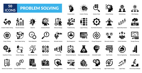 Problem Solving Glyph Icon Set. Problem Solver, Creative Thinking, Solution Finder, Critical Thinking, Brainstorming, Mind Mapping, Root Cause © Zero_wing