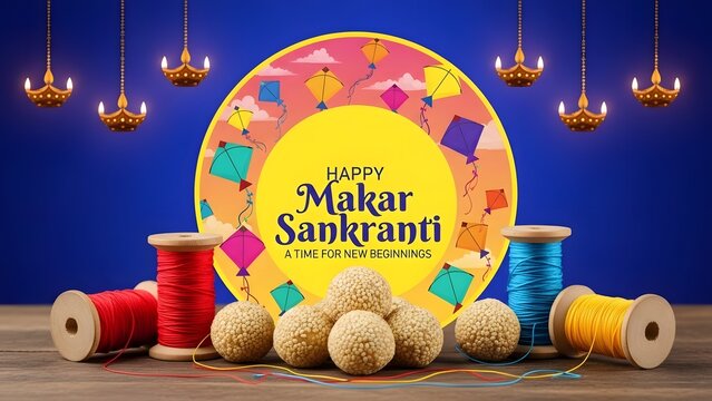 Happy makar sankranti festival greeting card with tilgul ladoo and spools of thread