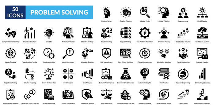 Problem Solving Glyph Icon Set. Problem Solver, Creative Thinking, Solution Finder, Critical Thinking, Brainstorming, Mind Mapping, Root Cause