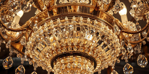 Luxurious crystal chandelier with intricate gold details and sparkling lights creating an elegant opulent atmosphere