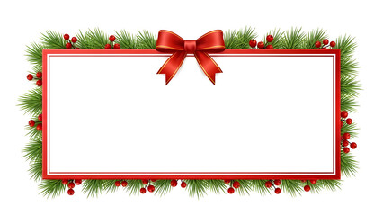 Christmas greeting card featuring a red bow and green fir branches with festive winter decorations like holly and pine for a Happy New Year celebration