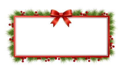 Christmas greeting card featuring a red bow and green fir branches with festive winter decorations like holly and pine for a Happy New Year celebration