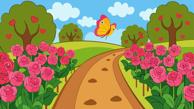 Serene path through rose garden