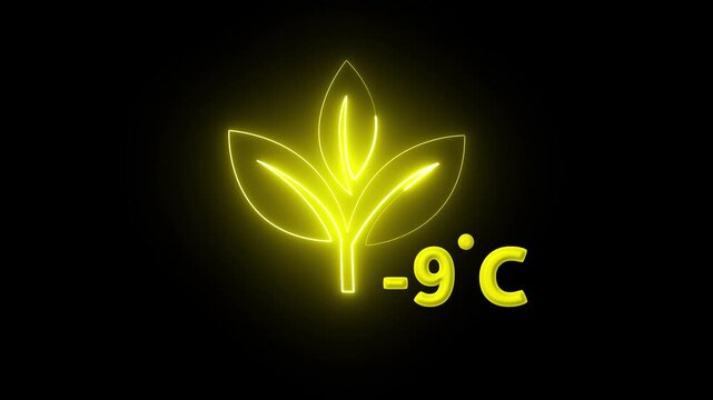 Protection of the environment Weather forecast related.Glowing neon digital temperature display showing minus 9&deg;C onblack background, futuristic LED-style number,Researches minus 9degrees centigrade