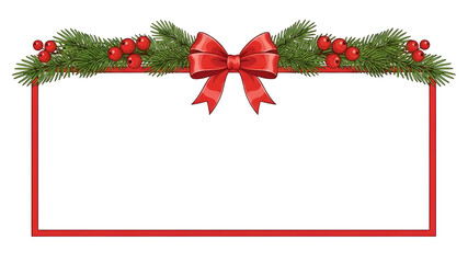 Merry Christmas greeting card design featuring a festive red ribbon bow with holly and gold winter ornaments for a happy New Year holiday celebration vector illustration