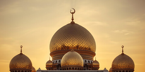 Golden mosque domes gleam under warm light arranged symmetrically with crescent moons creating spiritual majesty