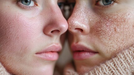 Two people with wet skin, wearing sweaters, standing close to each other, with a blurred background.