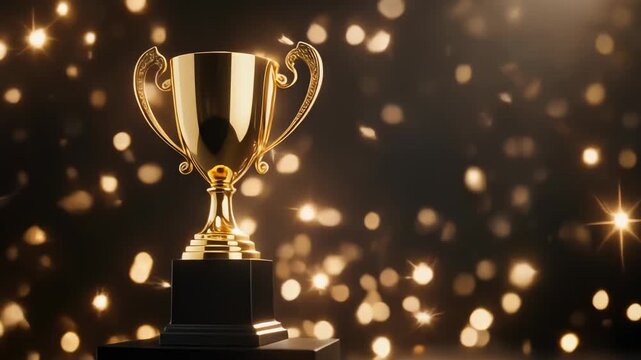 A close-up video of a shining golden trophy standing on a black pedestal, surrounded by soft
