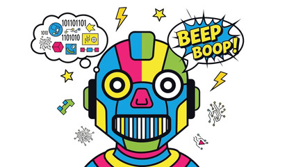 Fototapeta premium Vibrant colorful cartoon robot head featuring comic book style speech bubbles representing thinking and communication in artificial intelligence concepts