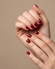 Elegant hands with deep red manicured nails and delicate golden stud embellishments