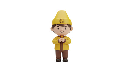 3D Cute cartoon boy wearing traditional yellow outfit with greeting gesture