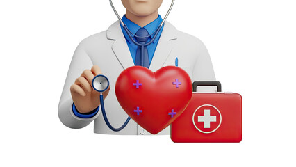 3D Doctor with stethoscope, heart and first aid kit on transparent background