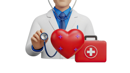 3D Doctor with stethoscope, heart and first aid kit on transparent background