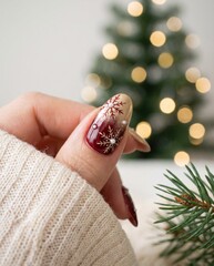 Close-up of elegant hand showcasing festive snowflake nail art in a cozy holiday setting