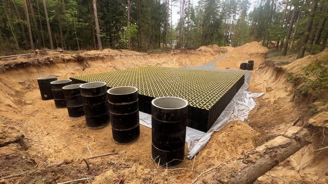 Infiltration system for treatment wastewater. Stormwater infiltration systems construction. Homeseptic. Rainwater Collection. Wastewater treatment system. Infiltration Underground Water Storage Tank. 