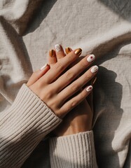 Woman's hands in a cozy sweater displaying festive winter nail art