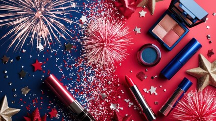 A festive red and blue background with fireworks, stars, and glitter, featuring a variety of makeup products and accessories.
