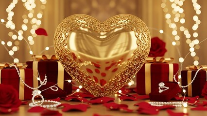 Romantic scene with golden heart and red roses