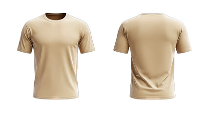 3D Front and Back View of a Tan T-Shirt Mockup on transparent background