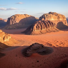 Majestic rock formations rise from a vast sandy desert under a clear sky landscape