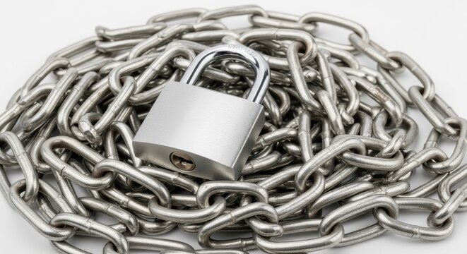 Security measures concept featuring a sturdy padlock atop a strong chain pile on white