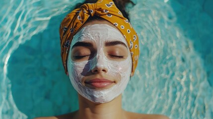 A woman with a yellow bandana and a white face mask, floating in a pool with her eyes closed, enjoying a relaxing moment.
