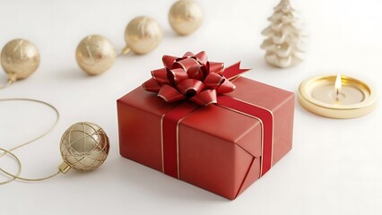Beautiful red gift box with bow on white background