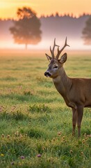 Majestic roe deer in a serene meadow at dawn showcasing natural beauty and wildlife harmony