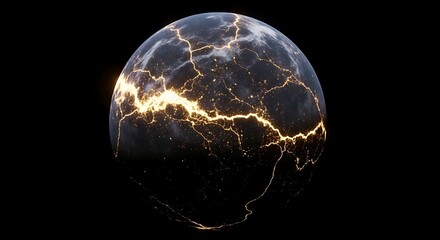 Abstract illustration of a fractured planet with glowing lines dark background