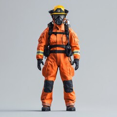 A firefighter in full gear, including a helmet, oxygen mask, and protective clothing, standing against a plain background.