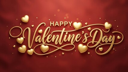 Happy valentine's day greeting with gold hearts on red background