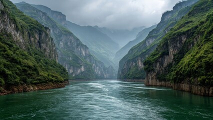 Fototapeta premium Majestic green mountains rise steeply from a flowing emerald river under a cloudy sky