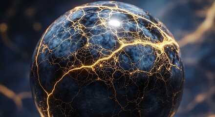 Abstract illustration of a glowing orb with golden lines and a dark blue surface