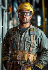 A man in a yellow hard hat and safety glasses, wearing overalls and a green shirt, stands in a industrial setting with metal beams and machinery in the background.