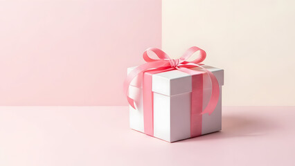 Fototapeta premium Elegant white gift box adorned with a soft pink ribbon and bow on a pastel pink background