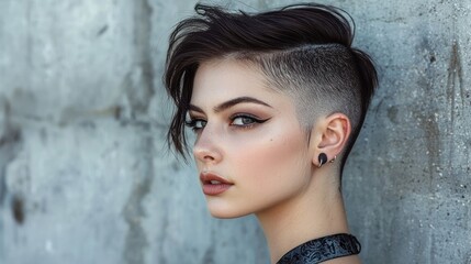 A woman with short, dark hair styled in a high, angular undercut, wearing a black top with a high neckline, standing against a concrete wall with a concrete texture in the background.