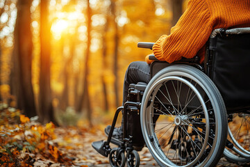 A person in a wheelchair enjoying a serene moment in a forest during autumn, surrounded by warm, golden sunlight filtering through the trees.