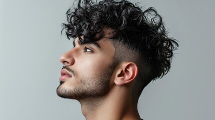 A young man with curly hair, wearing a black shirt, looking away from the camera with a thoughtful expression.