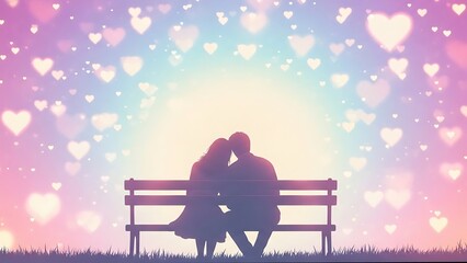 Couple sitting together on bench under heart sky