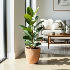 Fototapeta premium Interior botanical focal point rubber tree plant bringing nature inside creating a serene living