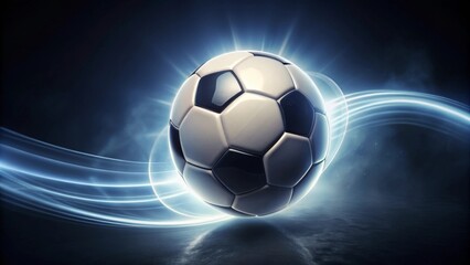 Naklejka premium A radiant soccer ball in dynamic motion, encircled by glowing streaks of light, signifies the thrill of the game