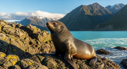 Majestic seal basking in coastal beauty with mountainous backdrop under bright sunlight