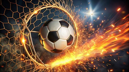 Fototapeta premium Fiery Goal A Soccer Ball Explodes Through the Net in a Shower of Sparkling Embers