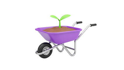 3D Purple wheelbarrow with a small green sprout growing from soil on transparent background