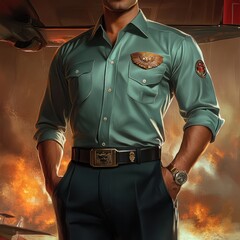 A man in a green uniform with an eagle emblem on his chest, standing in front of a plane with a fiery background.