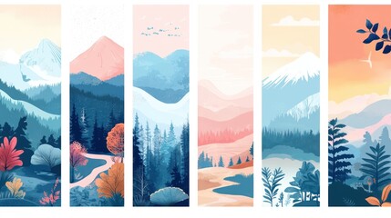 Five vertical banners depicting different landscapes with mountains, trees, and foliage, each with a unique color palette and style.