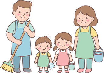 Cartoon family cleaning together, teamwork in household chores, cheerful kids and parents, home hygiene, bucket, broom, sponge, happy scene