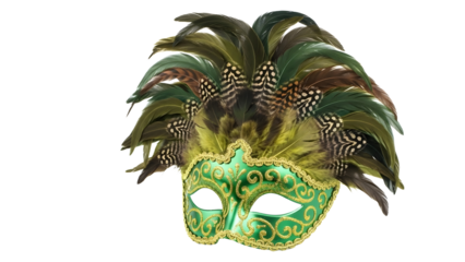 Vibrant green and gold masquerade mask adorned with lush feathers, evoking an air of mystery and festive elegance for a grand celebration or theatrical event